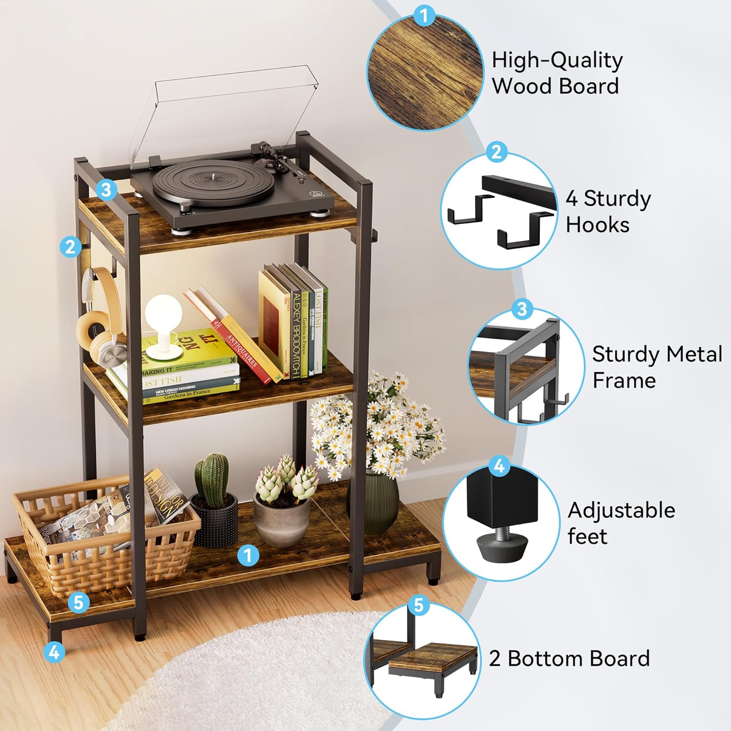 Small Entryway Table, 3-Tier Console Table for Small Space, Rustic Brown End Table with 4 Hooks for Foyer, Hallway, Living Room, and Bedroom