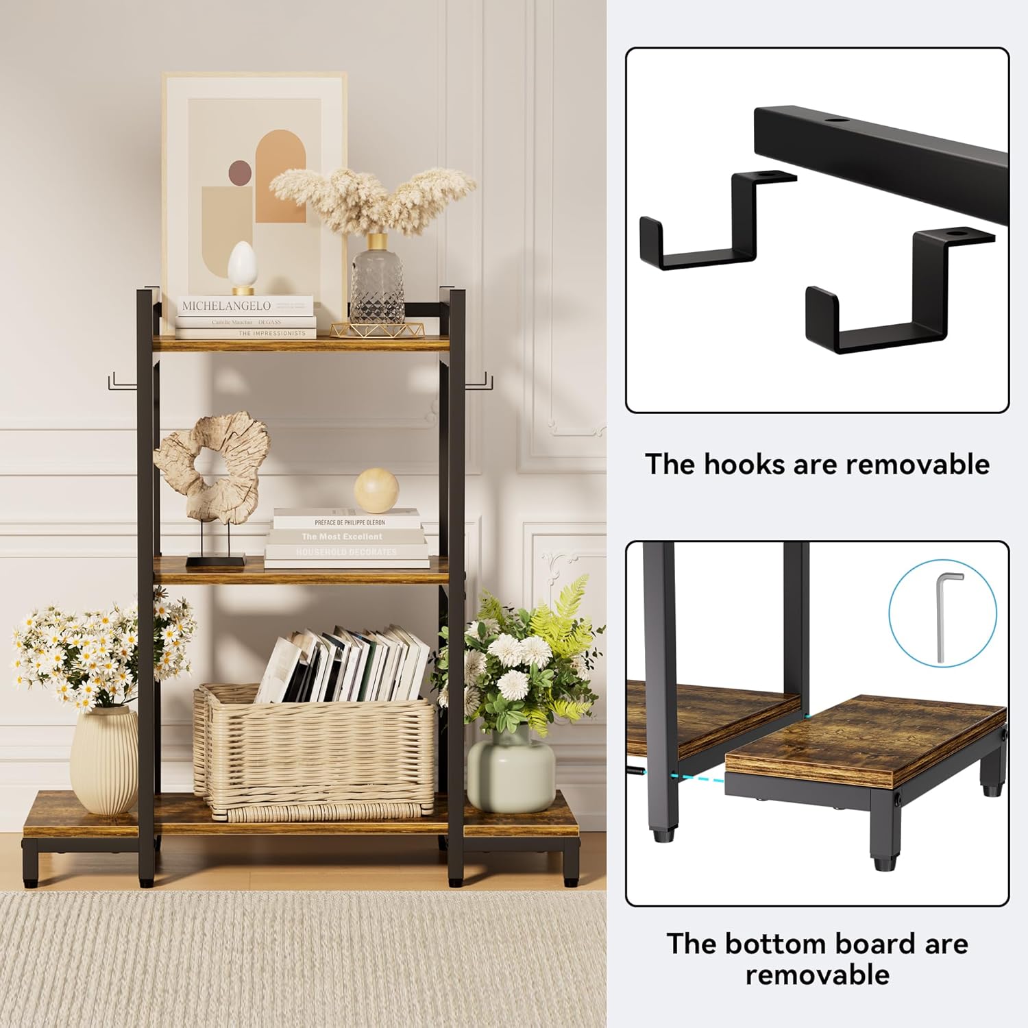 Small Entryway Table, 3-Tier Console Table for Small Space, Rustic Brown End Table with 4 Hooks for Foyer, Hallway, Living Room, and Bedroom