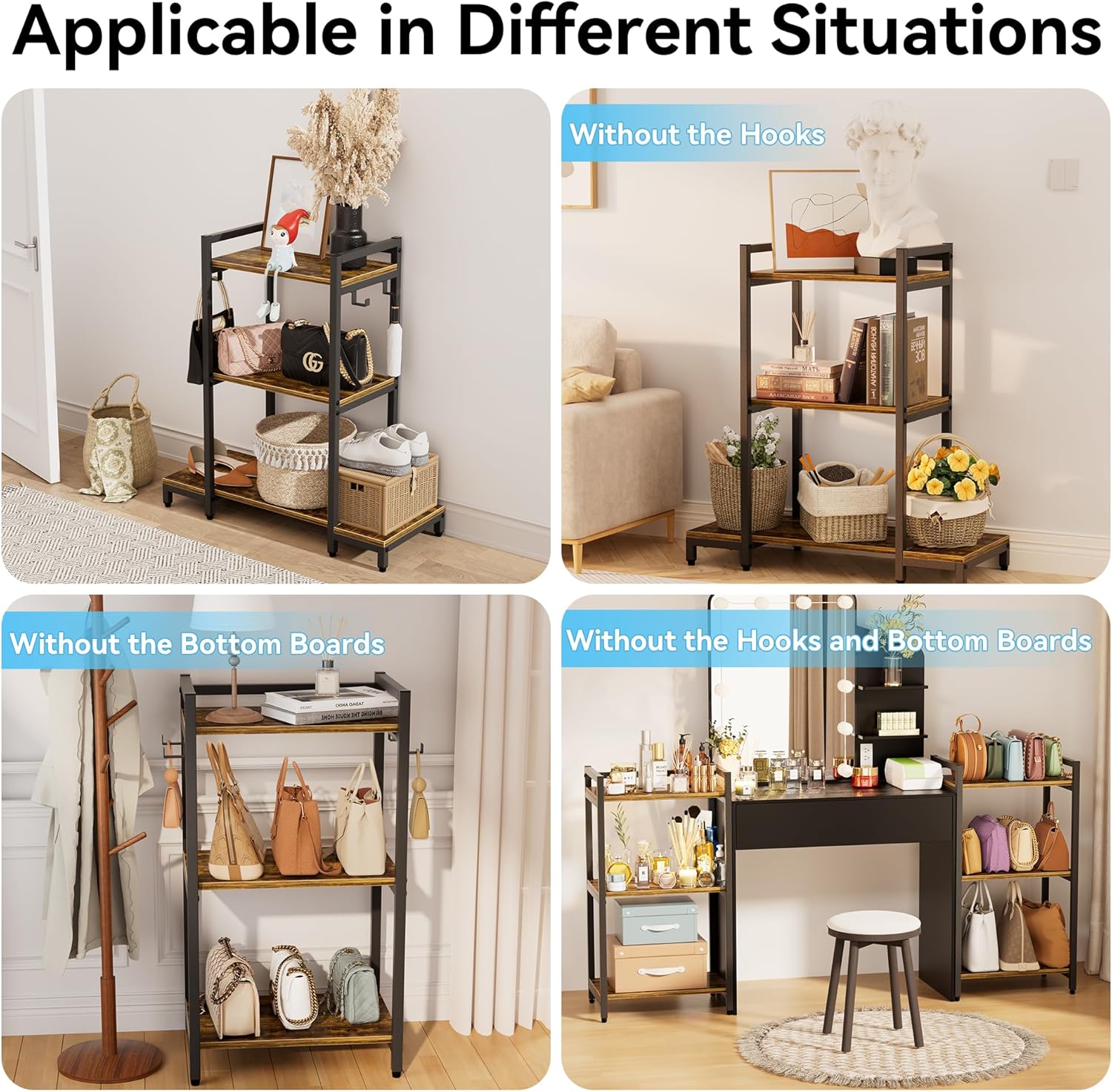 Small Entryway Table, 3-Tier Console Table for Small Space, Rustic Brown End Table with 4 Hooks for Foyer, Hallway, Living Room, and Bedroom