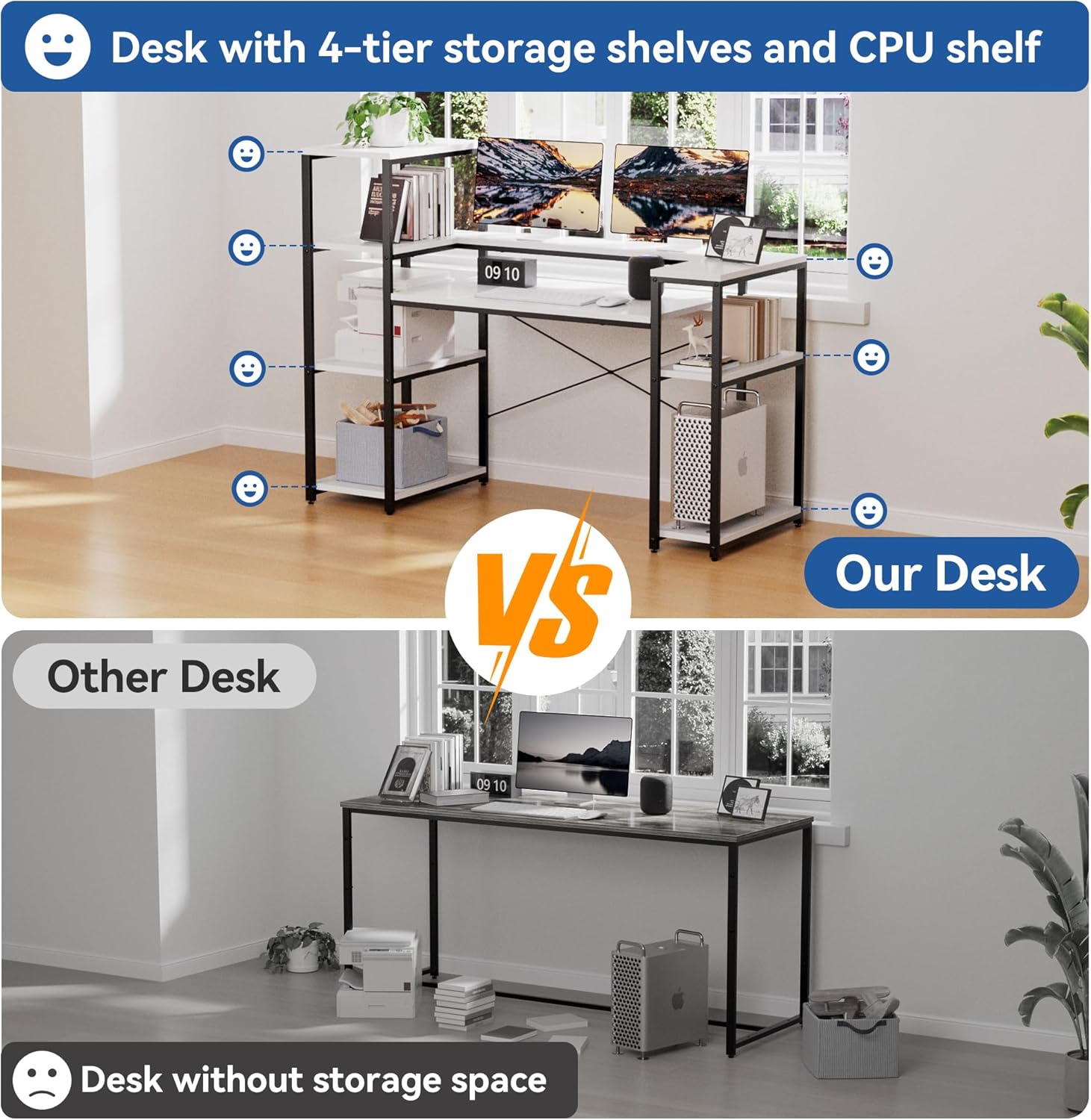 Teen Desk with Storage, 63-Inch Computer Desk with CPU Stand and Bookshelf, Home Office Desk for Study, Writing, PC Work, and Gaming