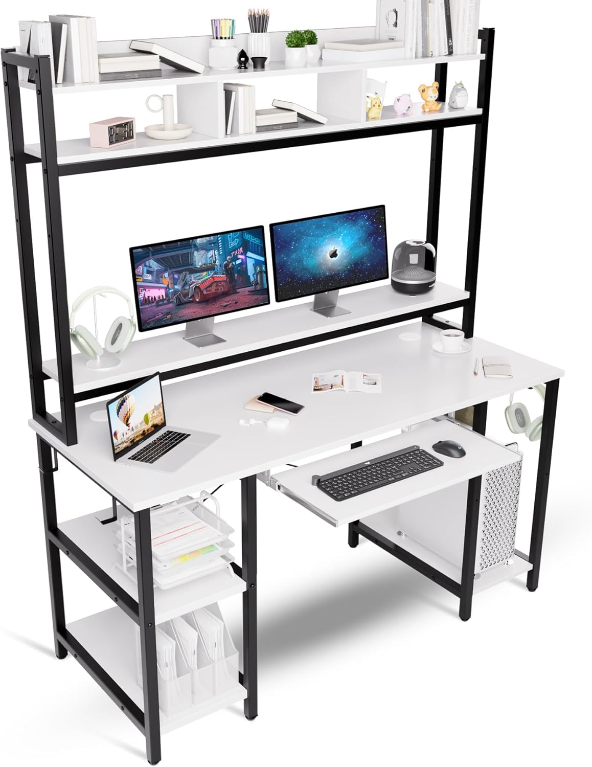 Desk with Hutch, 70 inch High 53 inch Width, Heavy Duty Computer Desk with Keyboard Tray and Storage Shelves Bookshelves, Easy Assemble - Color Black