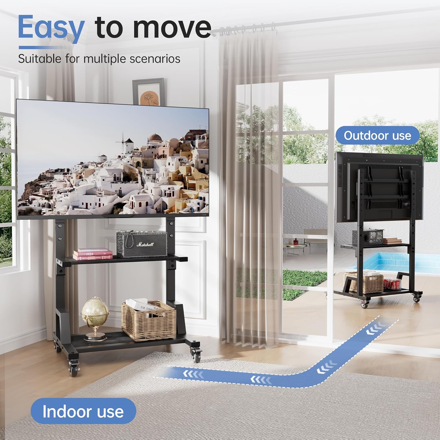 Mobile TV Cart with Storage Shelf, Rolling TV Stand for 32-75 Inch Flat Screens TVs, Height Adjustable Portable TV Stand for Home, Office, Outdoor, Easy to Install Max VESA 600x400mm (Black)