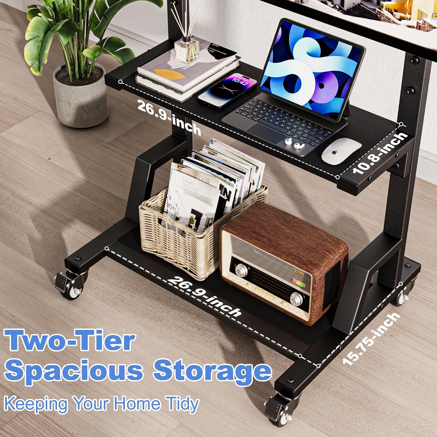 Mobile TV Cart with Storage Shelf, Rolling TV Stand for 32-75 Inch Flat Screens TVs, Height Adjustable Portable TV Stand for Home, Office, Outdoor, Easy to Install Max VESA 600x400mm (Black)