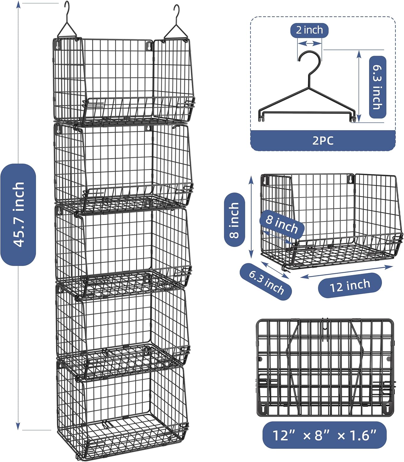 5-Tier Closet Organizer Wire Hanging Shelves, Wire Basket and Metal Storage Bin with 2 Hooks, Multi-Purpose for Closet, Laundry Room, and Kitchen Organization(Black)