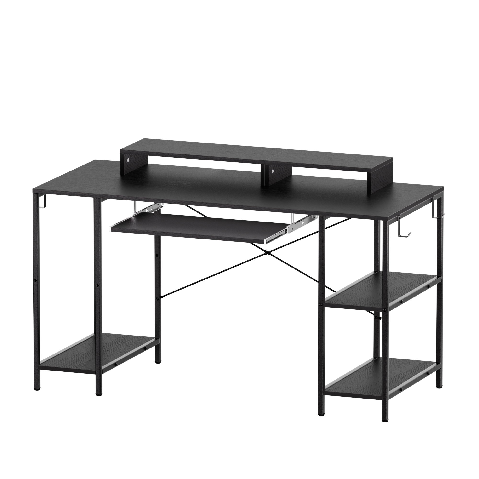 Computer Desk with Keyboard Tray, 55 Inch Music Studio Desk Music Production Desk with Storage Shelves Monitor Stands and 4 Iron Hooks, Desk Workstation Gaming Table for Home Office