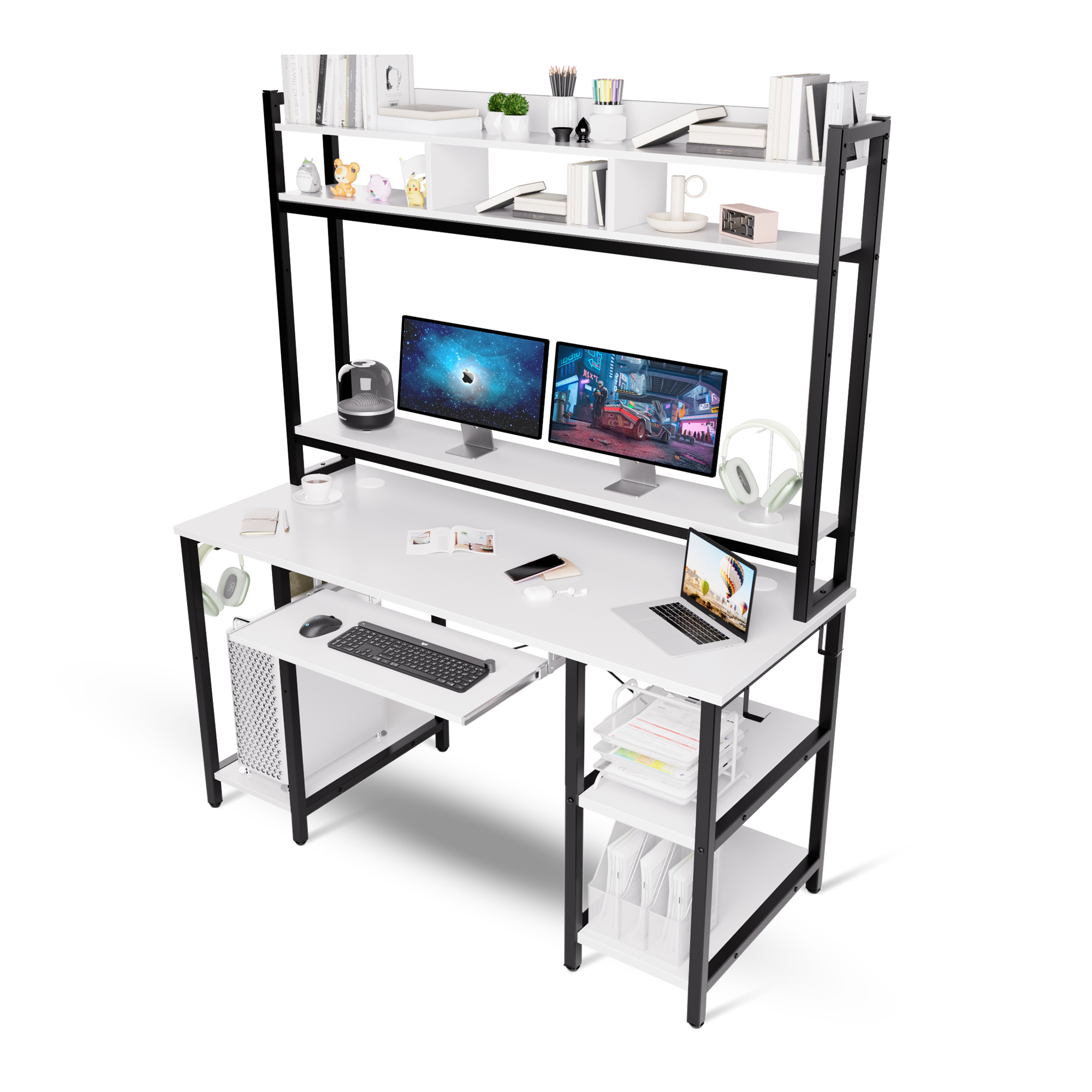 Desk with Hutch, 70 inch High 53 inch Width, Heavy Duty Computer Desk with Keyboard Tray and Storage Shelves Bookshelves, Easy Assemble - Color Black