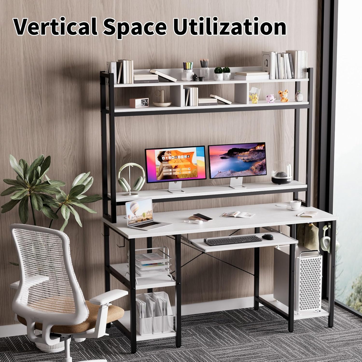 Desk with Hutch, 70 inch High 53 inch Width, Heavy Duty Computer Desk with Keyboard Tray and Storage Shelves Bookshelves, Easy Assemble - Color Black