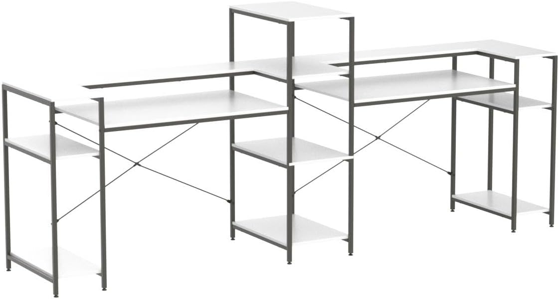 Two Person Computer Desk with Storage Shelves, 109 inches Extra Long Double Workstation Desk with Printer Shelf & Monitor Stand, Large Office Desk Study Writing Table for Home Office