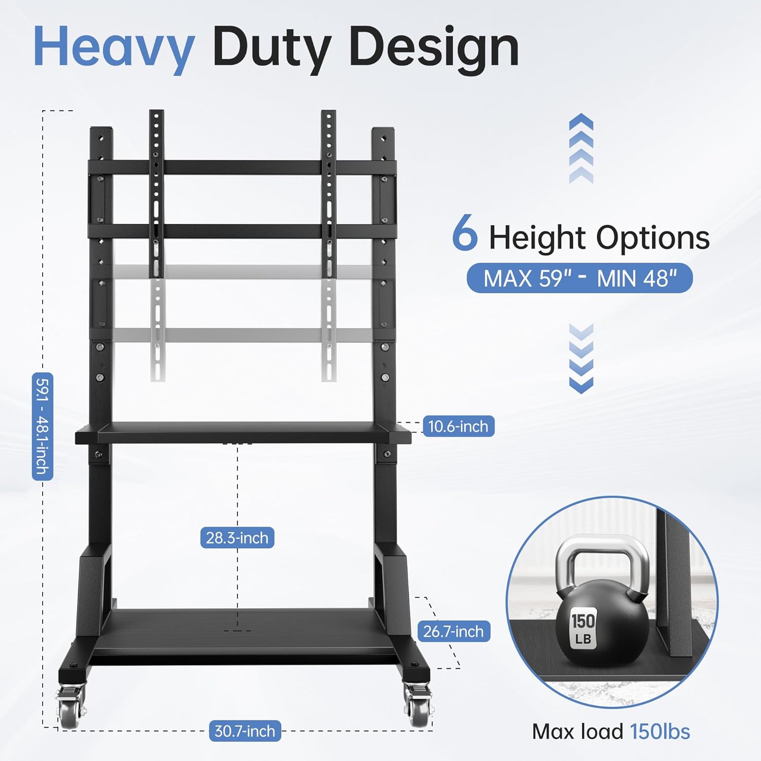 Mobile TV Cart with Storage Shelf, Rolling TV Stand for 32-75 Inch Flat Screens TVs, Height Adjustable Portable TV Stand for Home, Office, Outdoor, Easy to Install Max VESA 600x400mm (Black)