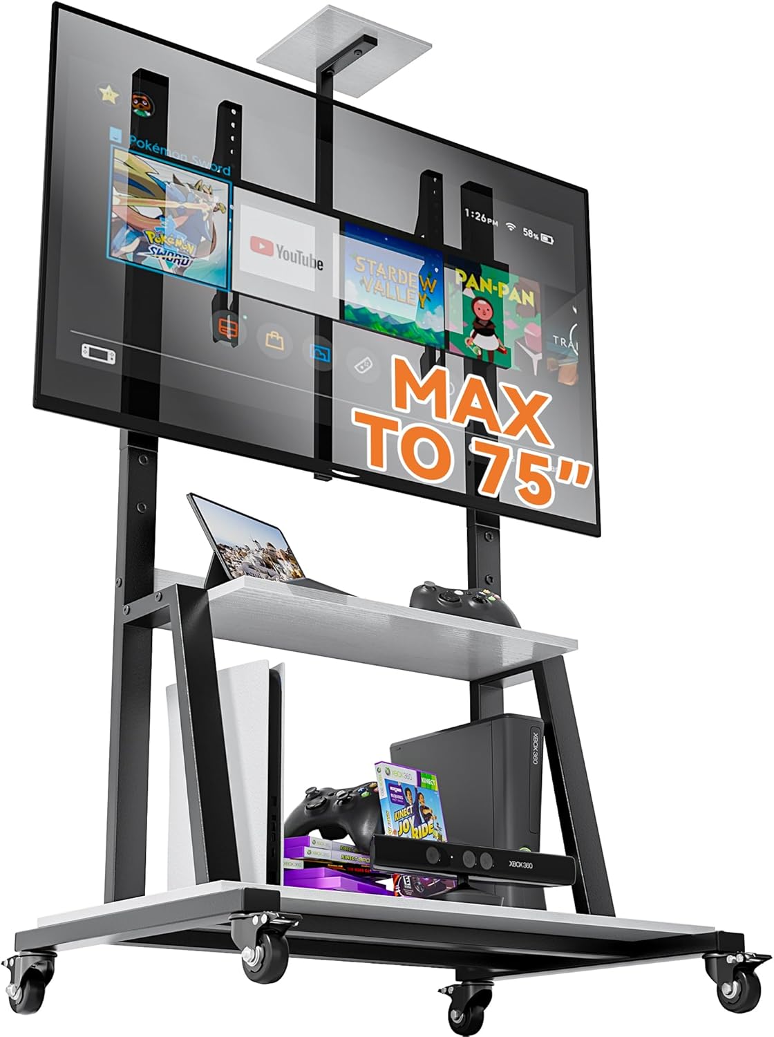 Mobile TV Cart with Storage Shelf, Portable TV Stand for 32-75 Inch Flat/Curved Screen TVs, Supports Up to 150 lbs, Height Adjustable Rolling TV Stand, Max VESA 600x400mm(White)