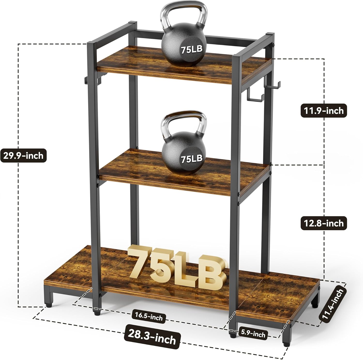 Small Entryway Table, 3-Tier Console Table for Small Space, Rustic Brown End Table with 4 Hooks for Foyer, Hallway, Living Room, and Bedroom