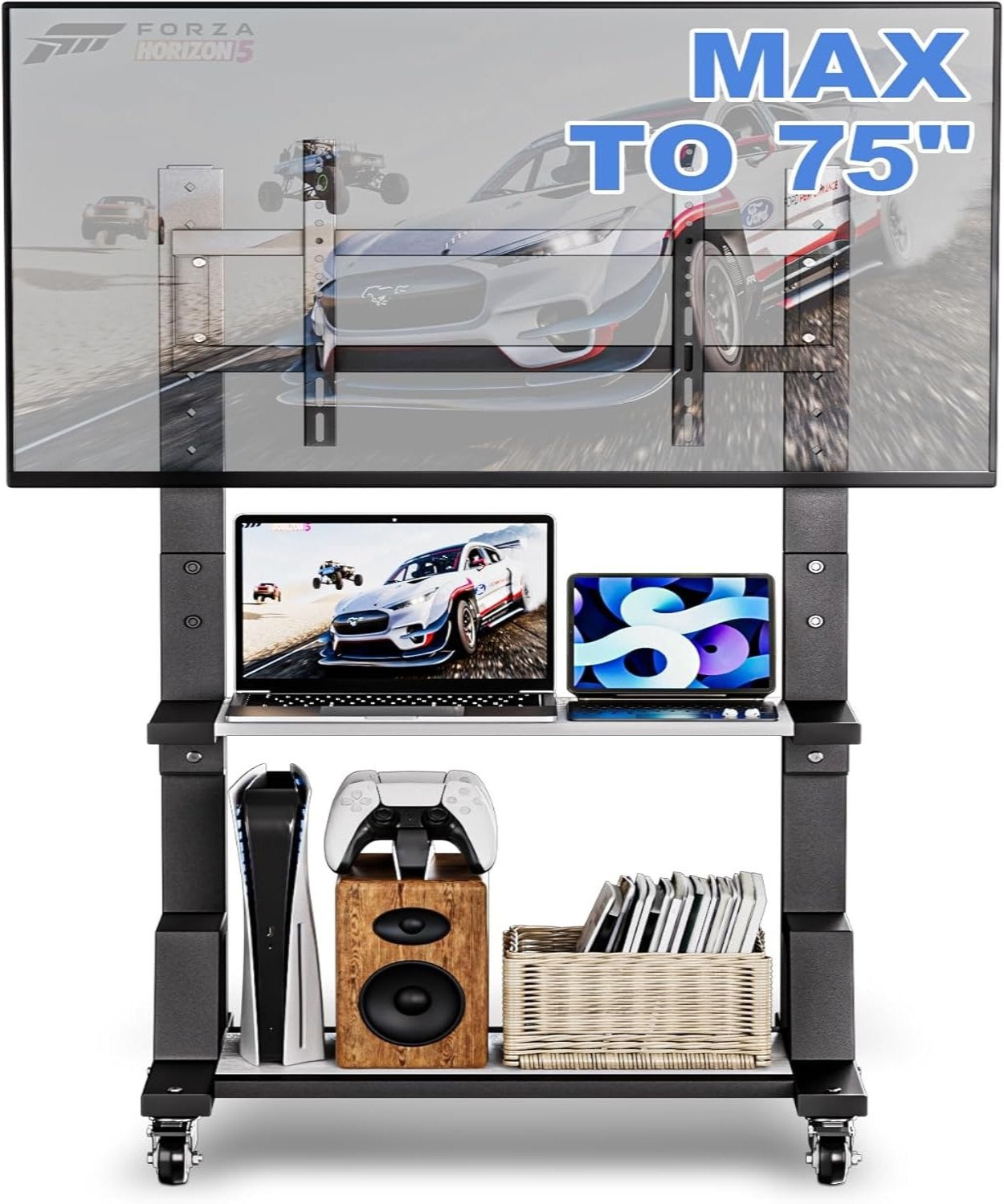 Mobile TV Cart with Storage Shelf, Rolling TV Stand for 32-75 Inch Flat Screens TVs, Height Adjustable Portable TV Stand for Home, Office, Outdoor, Easy to Install Max VESA 600x400mm (White)