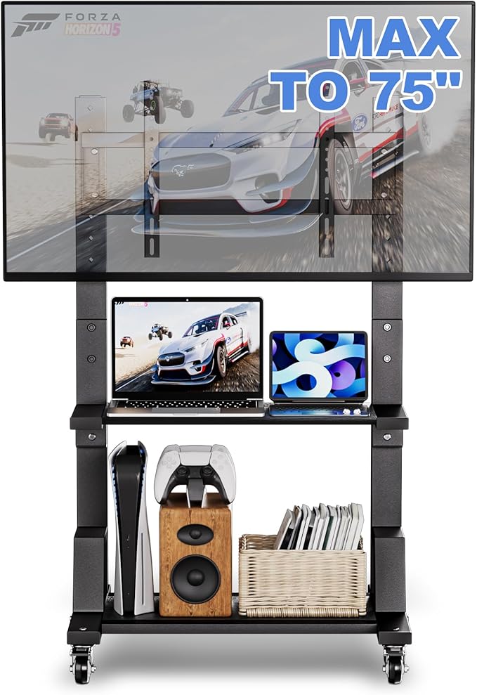 Mobile TV Cart with Storage Shelf, Rolling TV Stand for 32-75 Inch Flat Screens TVs, Height Adjustable Portable TV Stand for Home, Office, Outdoor, Easy to Install Max VESA 600x400mm (Black)