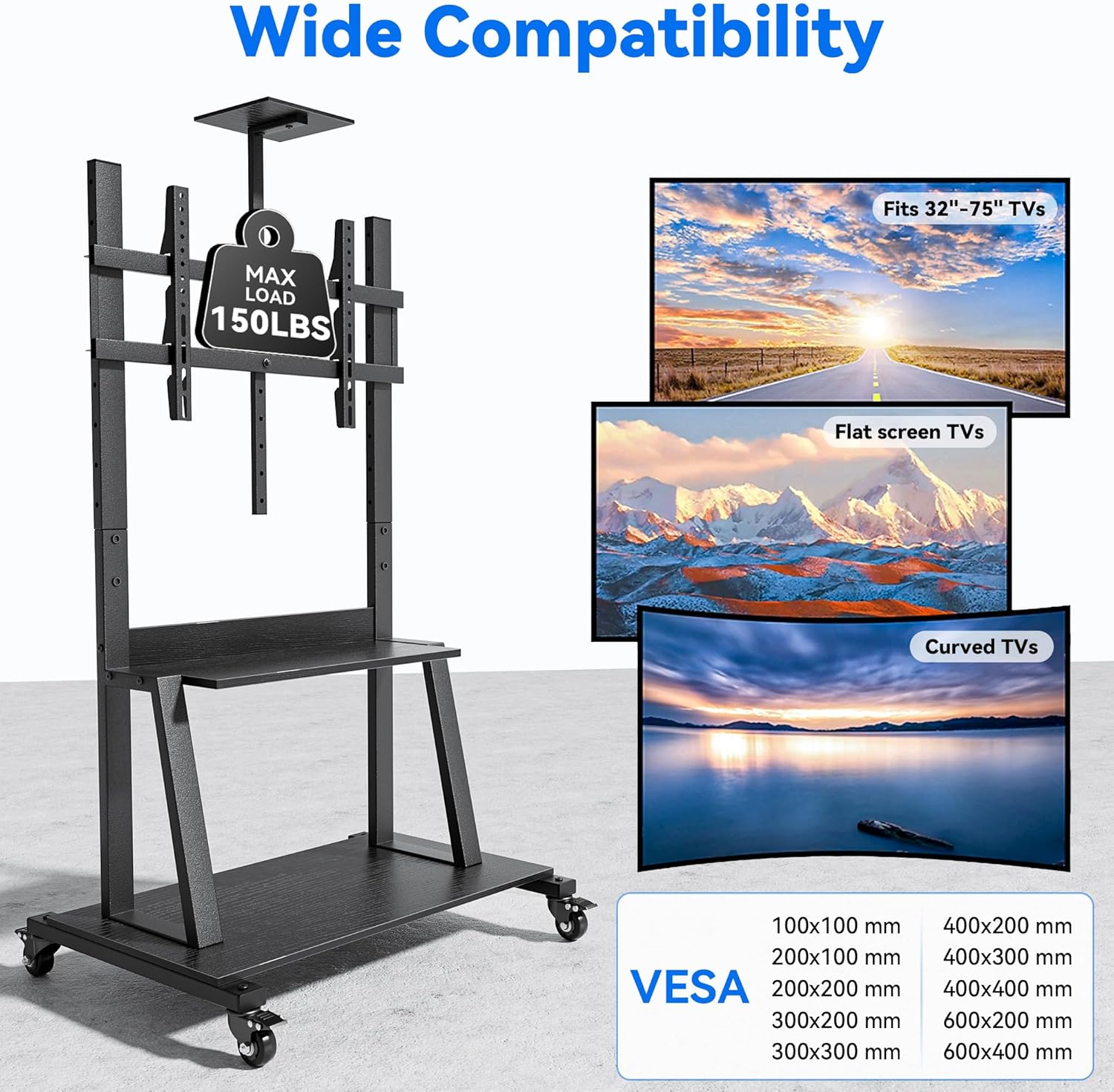 Mobile TV Cart with Storage Shelf, Portable TV Stand for 32-75 Inch Flat/Curved Screen TVs, Supports Up to 150 lbs, Height Adjustable Rolling TV Stand, Max VESA 600x400mm(White)