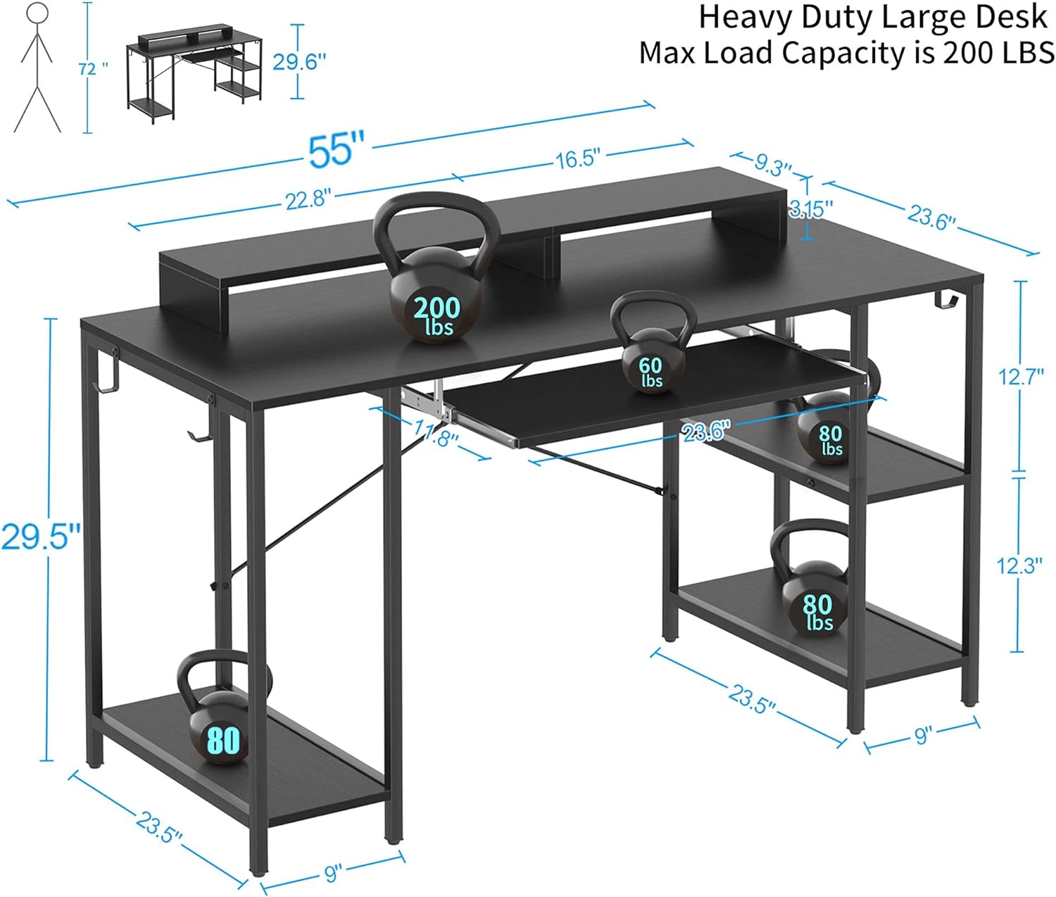 Computer Desk with Keyboard Tray, 55 Inch Music Studio Desk Music Production Desk with Storage Shelves Monitor Stands and 4 Iron Hooks, Desk Workstation Gaming Table for Home Office