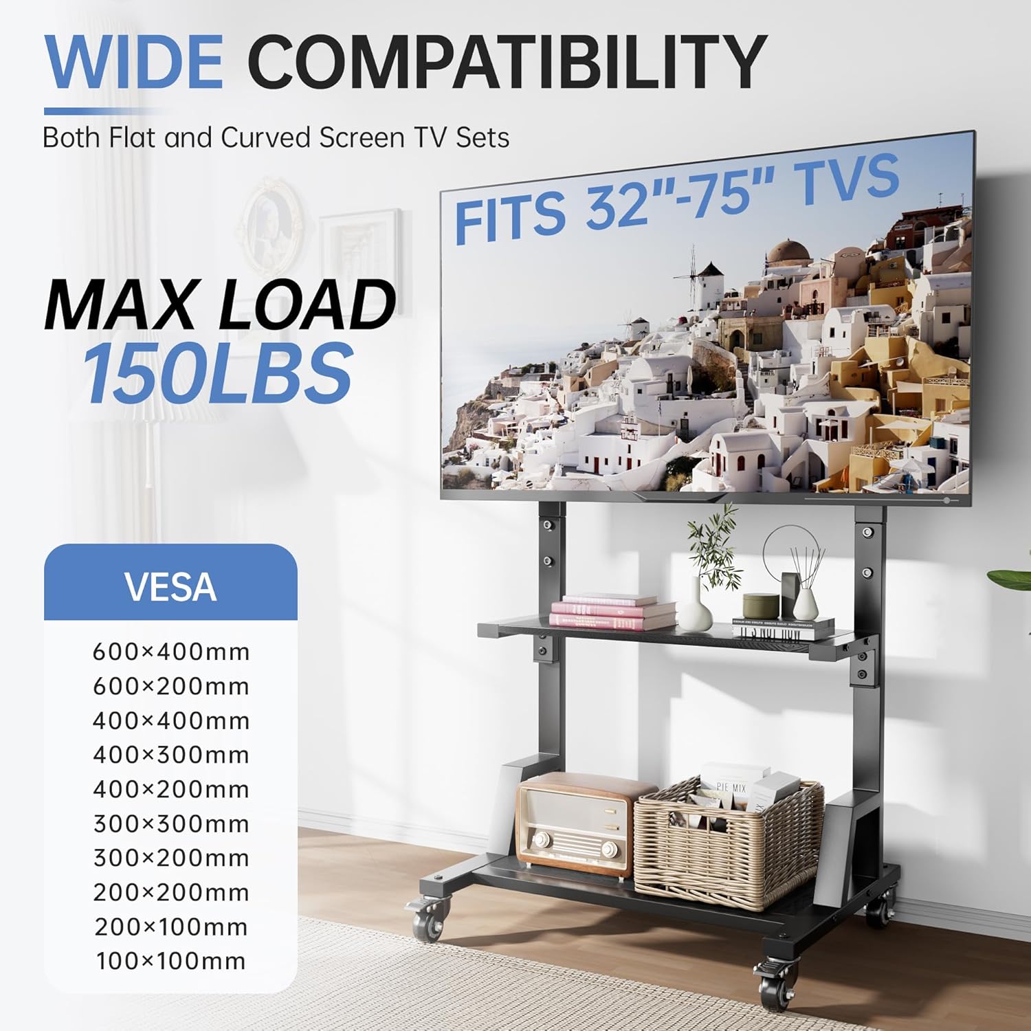 Mobile TV Cart with Storage Shelf, Rolling TV Stand for 32-75 Inch Flat Screens TVs, Height Adjustable Portable TV Stand for Home, Office, Outdoor, Easy to Install Max VESA 600x400mm (Black)