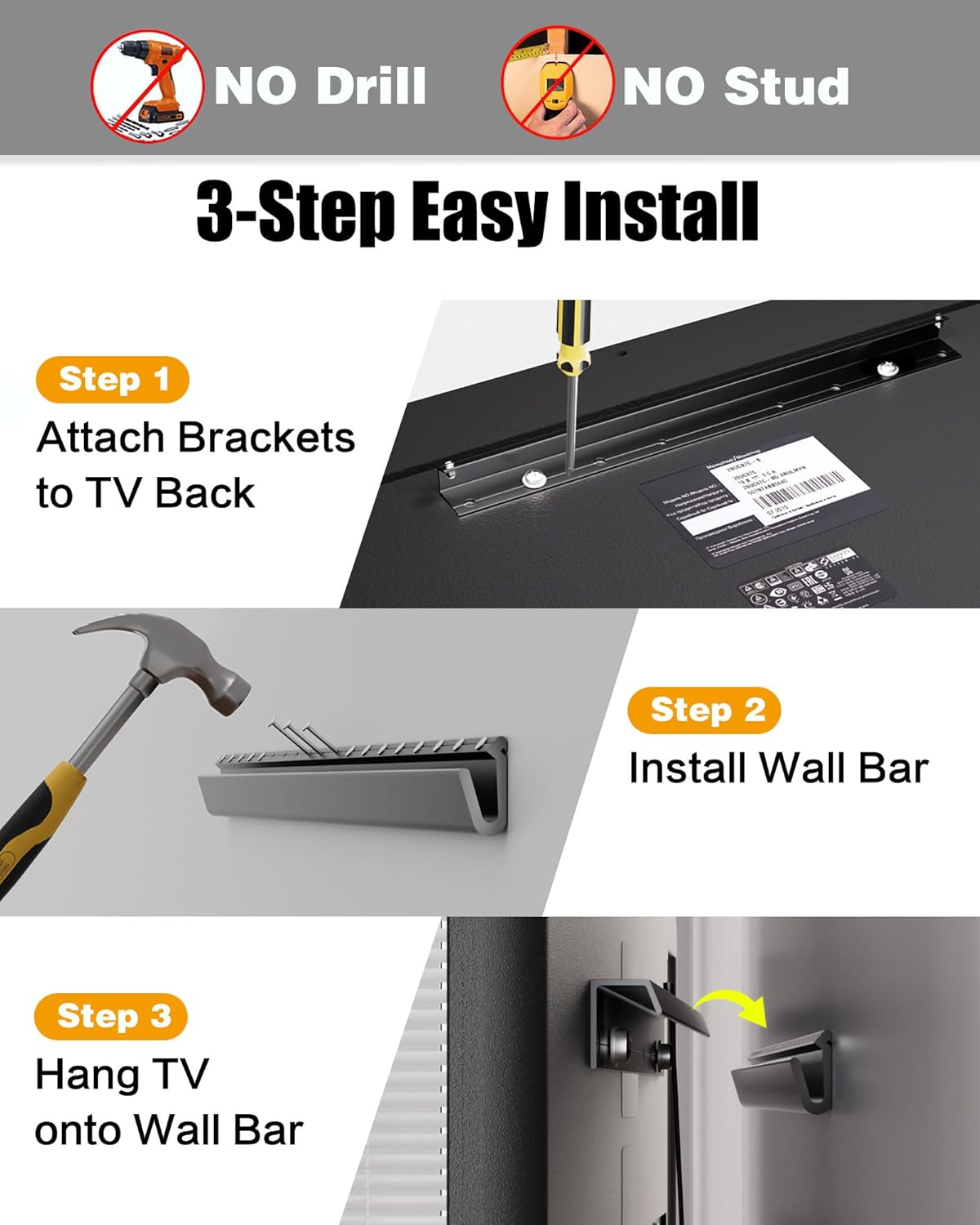 Studless TV Wall Mount for 26-55 Inch TVs, No Stud TV Wall Mount Bracket for Drywall, Holds Up to 100 lbs, No Drilling Required, Easy Install with Bubble Level Included