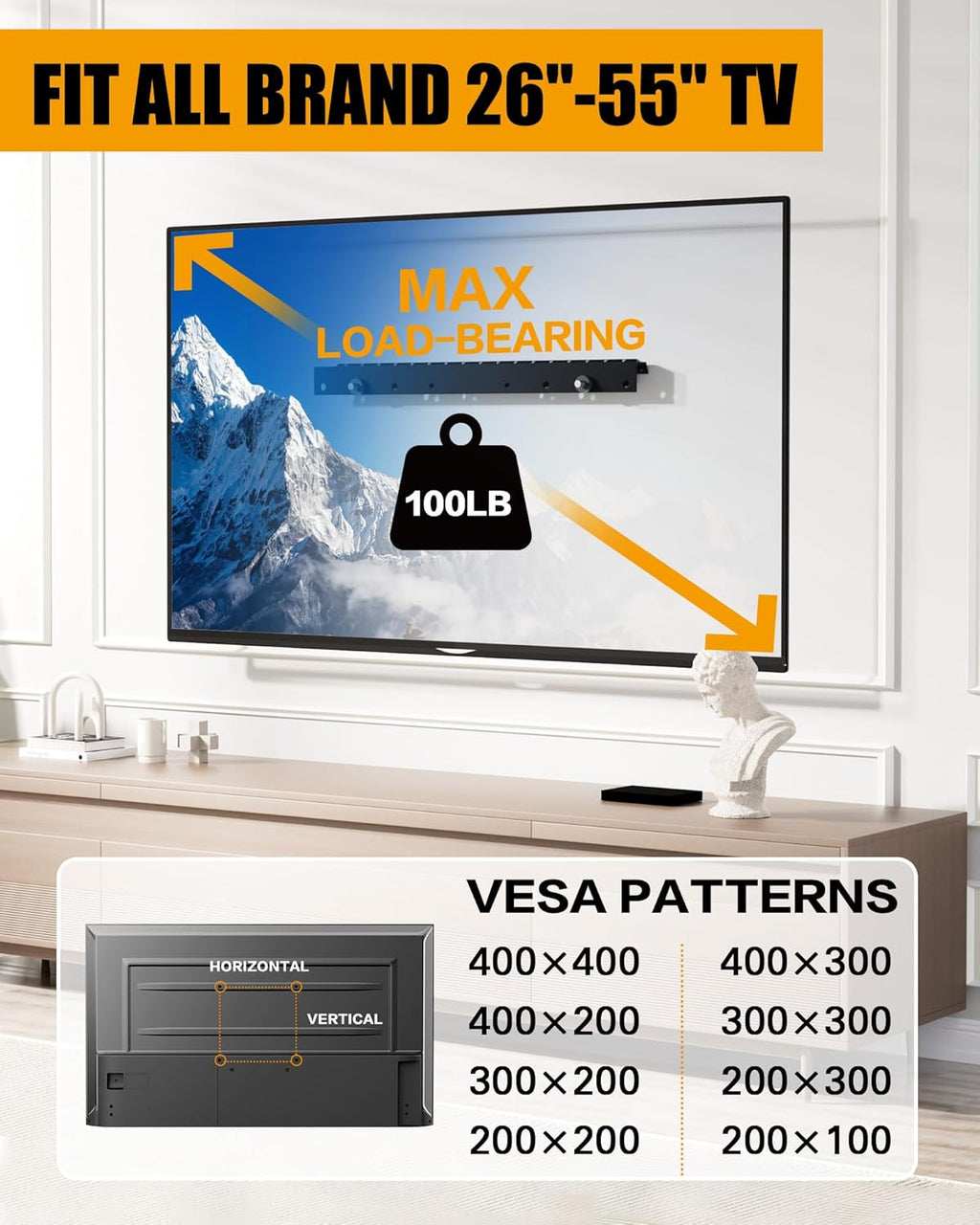 HYPIGO Drywall No Stud TV Wall Mount for 2675 Inch TVs