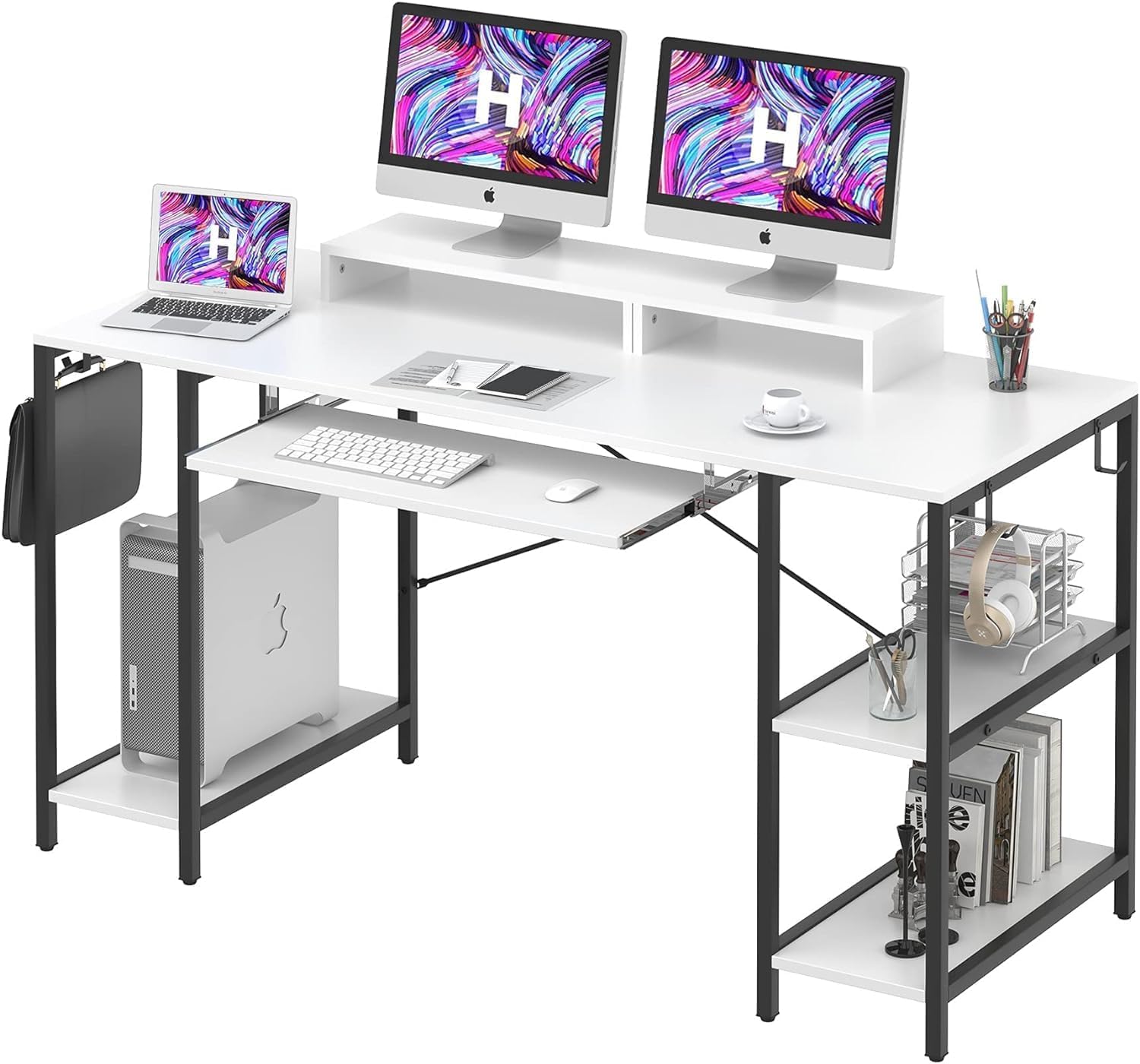 Computer Desk with Keyboard Tray, 55 Inch Music Studio Desk Music Production Desk with Storage Shelves Monitor Stands and 4 Iron Hooks, Desk Workstation Gaming Table for Home Office