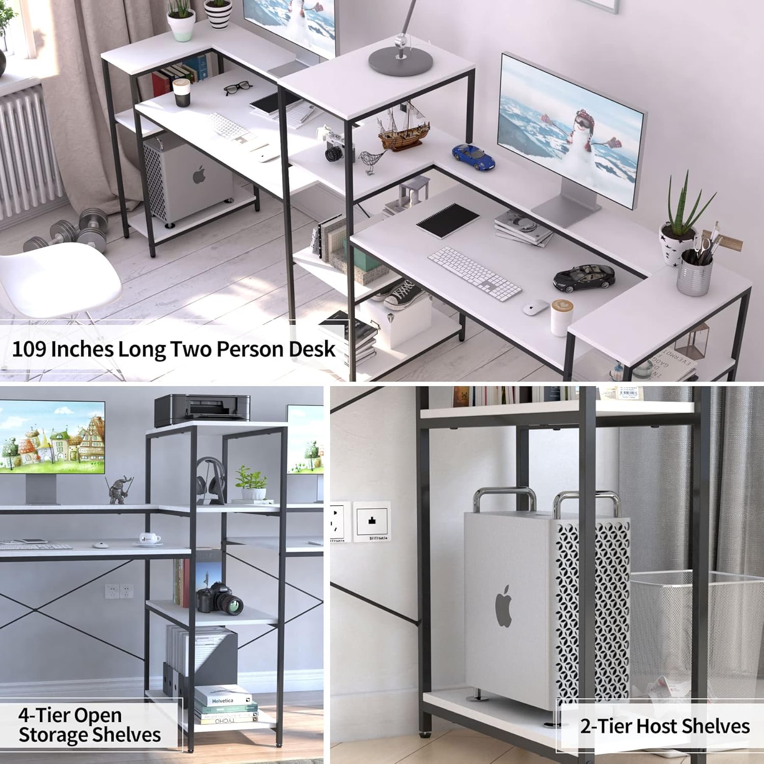 Two Person Computer Desk with Storage Shelves, 109 inches Extra Long Double Workstation Desk with Printer Shelf & Monitor Stand, Large Office Desk Study Writing Table for Home Office