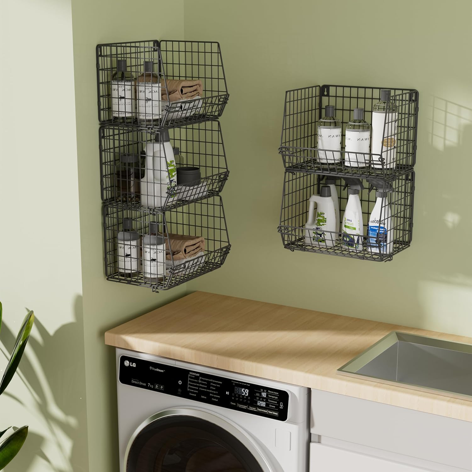 5-Tier Closet Organizer Wire Hanging Shelves, Wire Basket and Metal Storage Bin with 2 Hooks, Multi-Purpose for Closet, Laundry Room, and Kitchen Organization(Black)