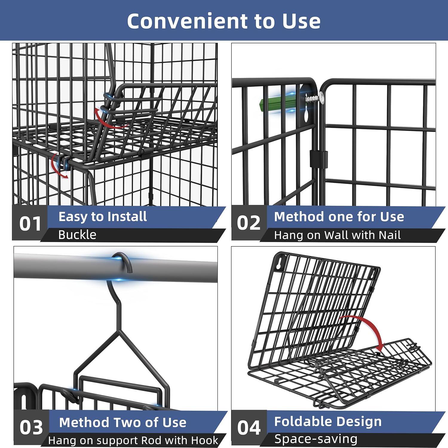 5-Tier Closet Organizer Wire Hanging Shelves, Wire Basket and Metal Storage Bin with 2 Hooks, Multi-Purpose for Closet, Laundry Room, and Kitchen Organization(Black)