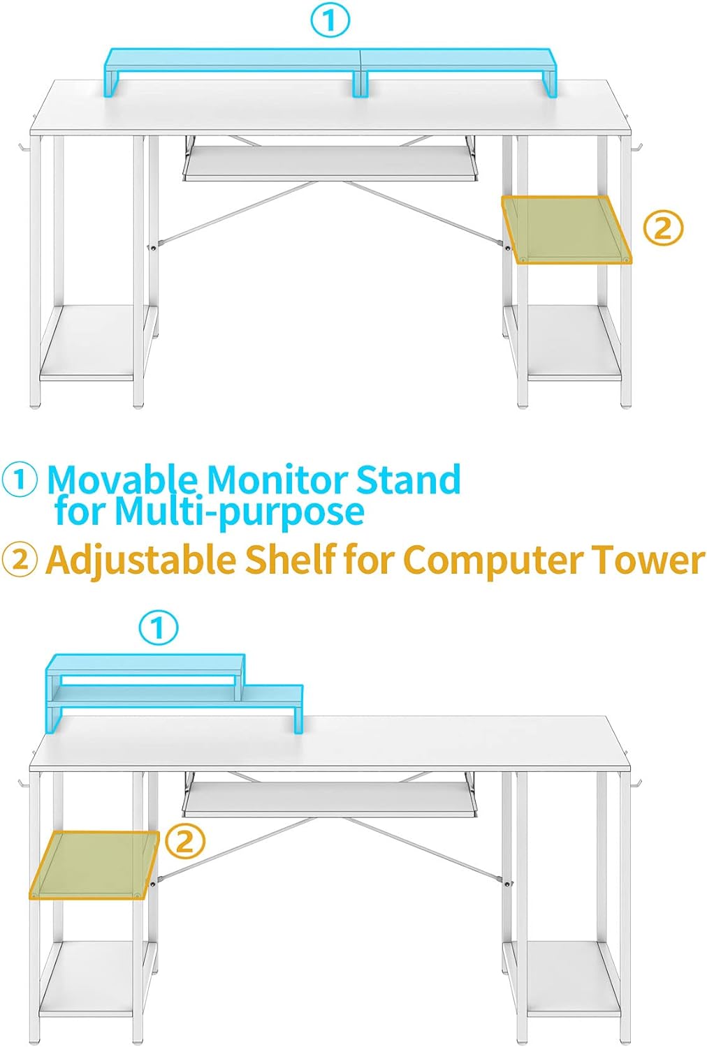 Computer Desk with Keyboard Tray, 55 Inch Music Studio Desk Music Production Desk with Storage Shelves Monitor Stands and 4 Iron Hooks, Desk Workstation Gaming Table for Home Office