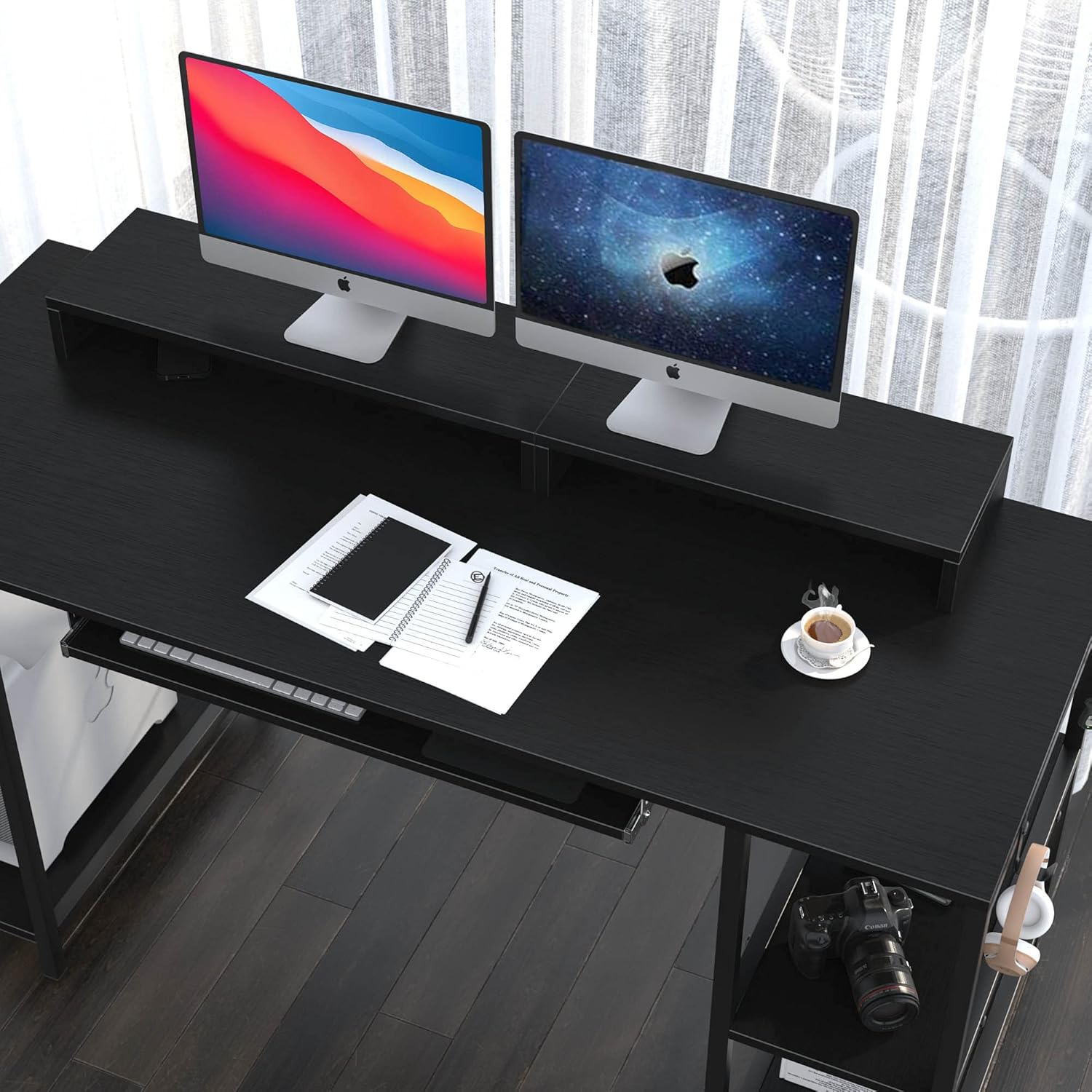 Computer Desk with Keyboard Tray, 55 Inch Music Studio Desk Music Production Desk with Storage Shelves Monitor Stands and 4 Iron Hooks, Desk Workstation Gaming Table for Home Office